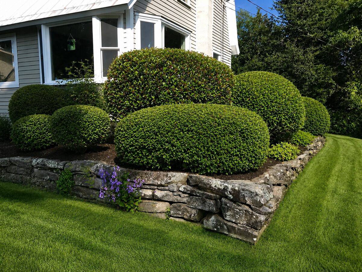 Same backyard with the shrubs shaped into neat rounded hedges and a mowed lawn
